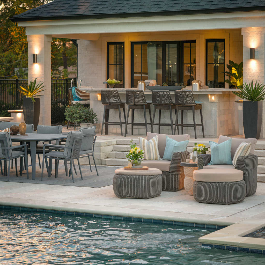 Outdoor pool house area with modern patio furniture, including a dining table, lounge chairs, and bar stools, set against a well-lit backdrop, creating an inviting and stylish space for relaxation and entertainment.